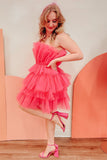 Cute Hot Pink Strapless Tiered Tulle Party Dress