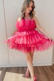 Cute Hot Pink Strapless Tiered Tulle Party Dress