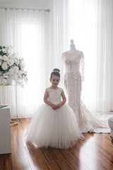 Cute Ivory Long Ball Gown Tulle Sleeveless Flower Girl Dresses- Babyonlines