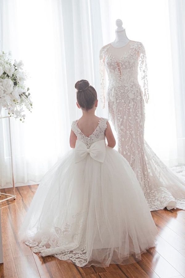 Cute Ivory Long Ball Gown Tulle Sleeveless Flower Girl Dresses- Babyonlines