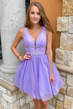 Cute Lavender V-Neck Short Homecoming Dress