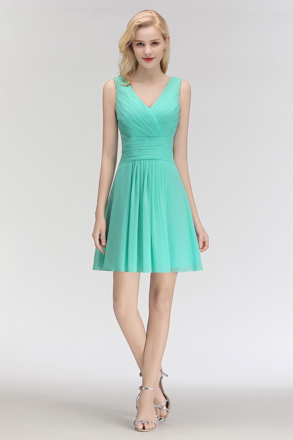 Cute V-Neck Sleeveless Short Chiffon Affordable Bridesmaid Dresswith Ruffle-Babyonlines