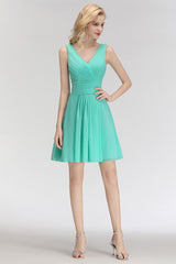 Cute V-Neck Sleeveless Short Chiffon Affordable Bridesmaid Dresswith Ruffle-Babyonlines