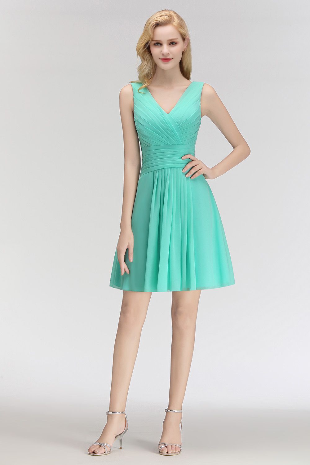 Cute V-Neck Sleeveless Short Chiffon Affordable Bridesmaid Dresswith Ruffle-Babyonlines