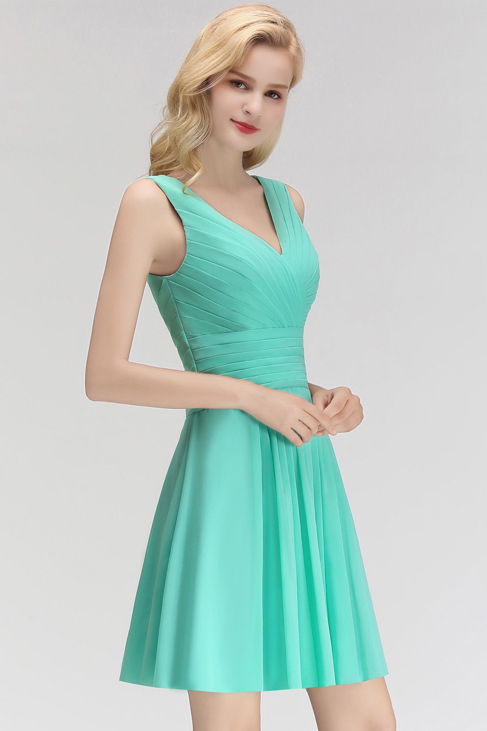 Cute V-Neck Sleeveless Short Chiffon Affordable Bridesmaid Dresswith Ruffle-Babyonlines