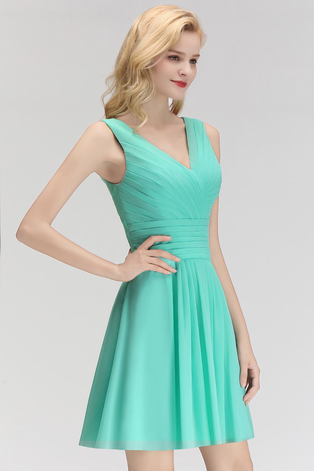 Cute V-Neck Sleeveless Short Chiffon Affordable Bridesmaid Dresswith Ruffle-Babyonlines