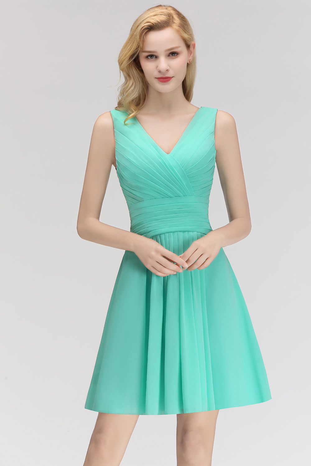 Cute V-Neck Sleeveless Short Chiffon Affordable Bridesmaid Dresswith Ruffle-Babyonlines