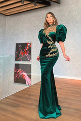 Dark Green Bubble Sleeves Mermaid Prom Dress