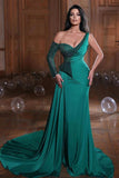 Dark Green One Shoulder Long Sleeves Mermaid Evening Dress with Ruffles