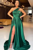 Dark Green One-Shoulder Mermaid Evening Dress with Split and Beadings