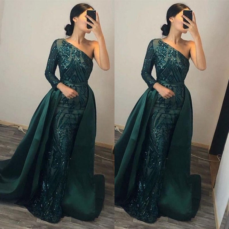 Dark Green One Shoulder Mermaid Prom Dress with Long Sleeve