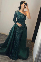 Dark Green One Shoulder Mermaid Prom Dress with Long Sleeve