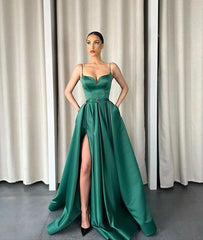 Dark Green Spaghetti-Straps V-Neck Long A-Line Prom Dress with Split