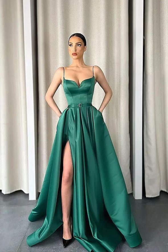 Dark Green Spaghetti-Straps V-Neck Long A-Line Prom Dress with Split