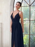 Dark Navy Spaghetti Straps V-Neck Front Split Long Evening Dress Glitter Party Dress