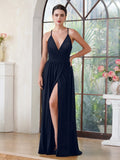 Dark Navy Spaghetti Straps V-Neck Front Split Long Evening Dress Glitter Party Dress