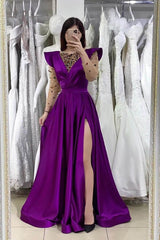 Dark Purple Long Sleeves V-Neck Beaded Mermaid Prom Dress with Front Split