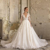 Deep V-neck Long Sleeves A-Line Wedding Dress With Lace Appliques Ruffles Tulle