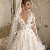 Deep V-neck Long Sleeves A-Line Wedding Dress With Lace Appliques Ruffles Tulle