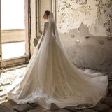 Deep V-neck Long Sleeves A-Line Wedding Dress With Lace Appliques Ruffles Tulle