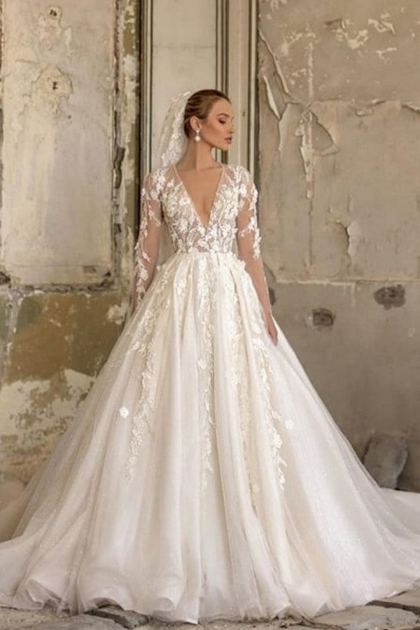 Deep V-neck Long Sleeves A-Line Wedding Dress With Lace Appliques Ruffles Tulle