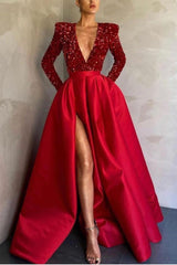 Deep V-Neck Long Sleeves Mermaid Prom Dress with Split and Sequins