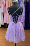 Double Straps Lavender A-Line Short Homecoming Dress with Sequin