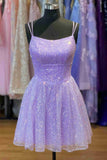 Double Straps Lavender A-Line Short Homecoming Dress with Sequin