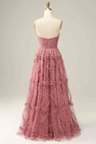 A-Line Sweetheart Dusty Rose Floral Tulle Prom Dress