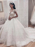 Elegant Ball Gown Illusion Tulle Court Train Wedding Dresses With Appliques Lace