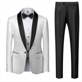 Elegant Black and White Satin Shawl Lapel Prom Suit with Jacquard