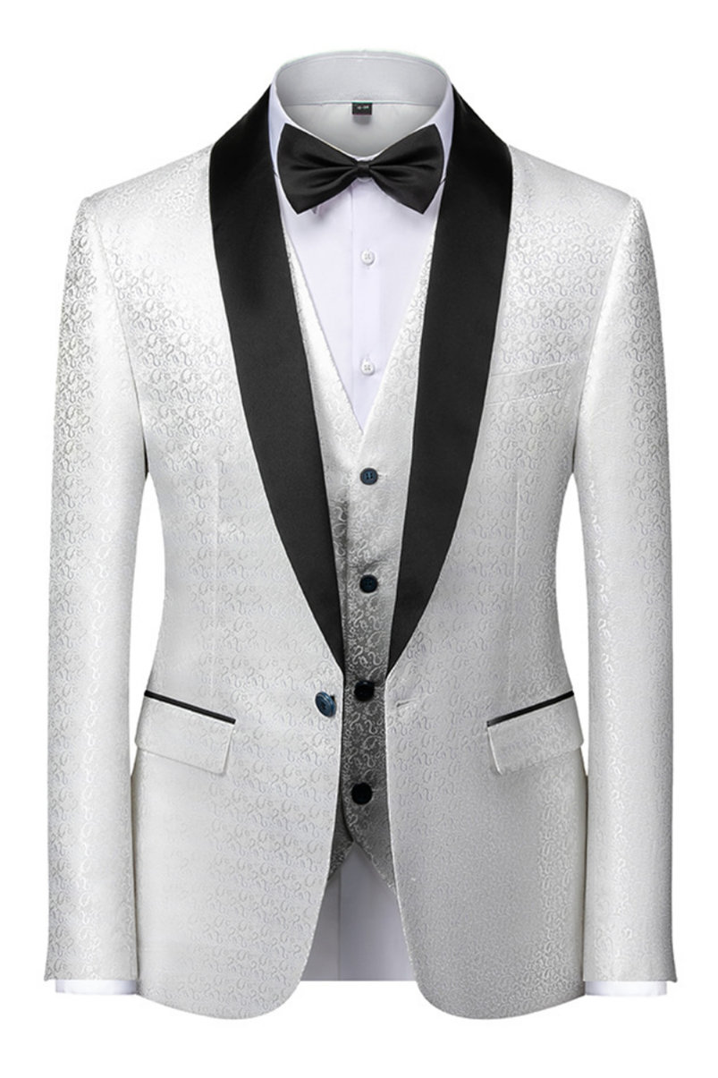 Elegant Black and White Satin Shawl Lapel Prom Suit with Jacquard