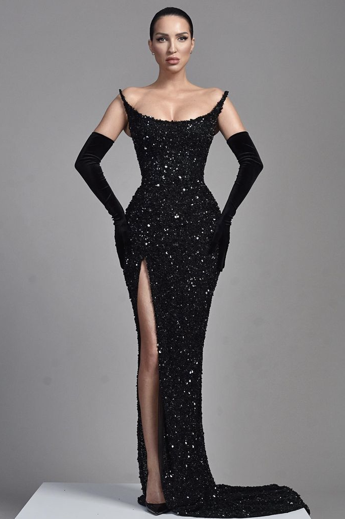 Elegant Black Long Evening Dress with Sequins Half Sleeves and Slit