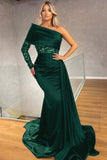 Elegant Black One Shoulder Long Sleeve Mermaid Evening Dress Long with Sequins and Ruffles