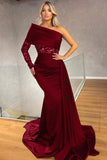 Elegant Black One Shoulder Long Sleeve Mermaid Evening Dress Long with Sequins and Ruffles