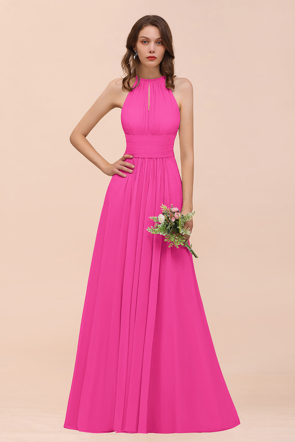 Elegant Chiffon Jewel Ruffle Champagne Affordable Bridesmaid Dress Online-Babyonlines