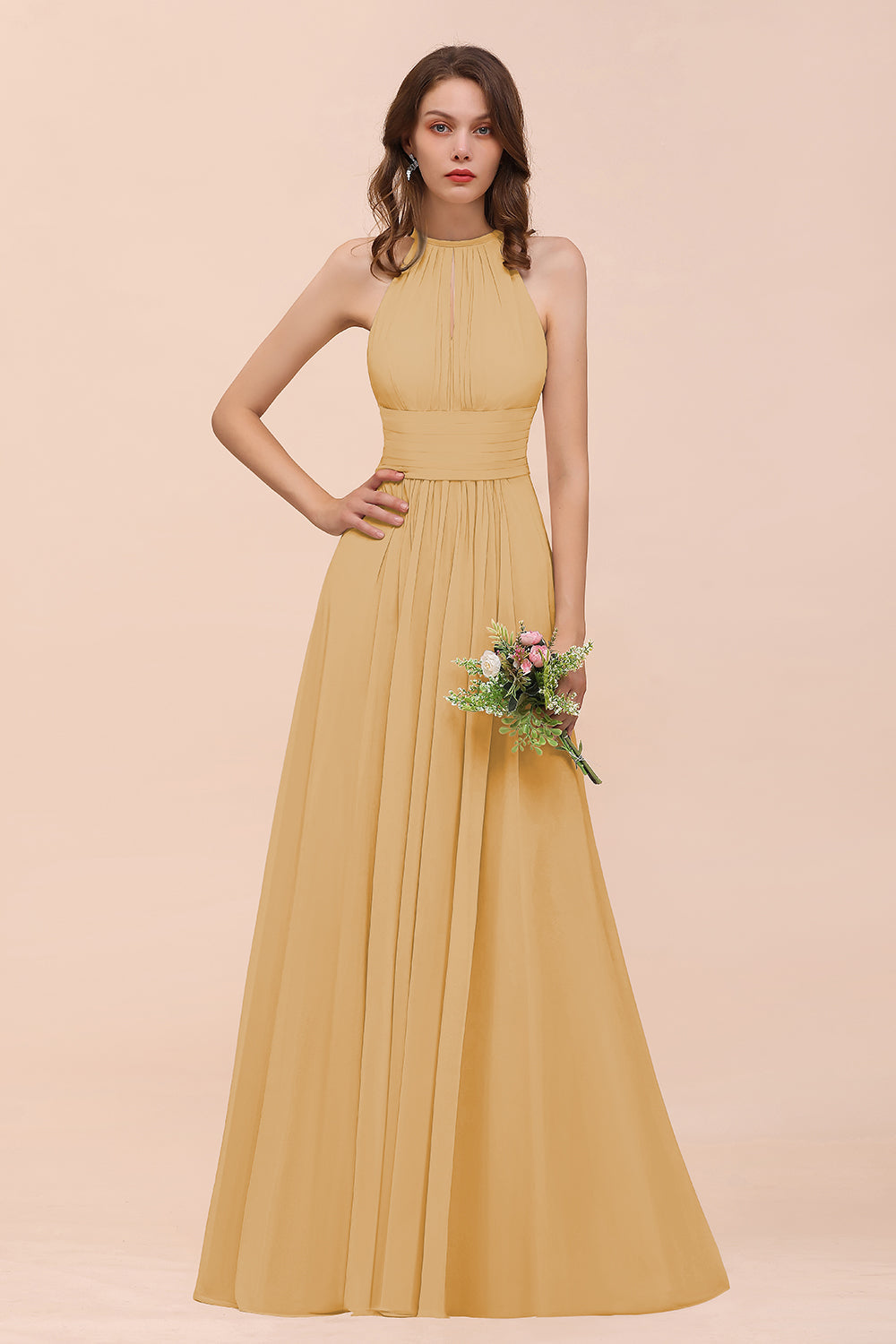 Elegant Chiffon Jewel Ruffle Champagne Affordable Bridesmaid Dress Online-Babyonlines