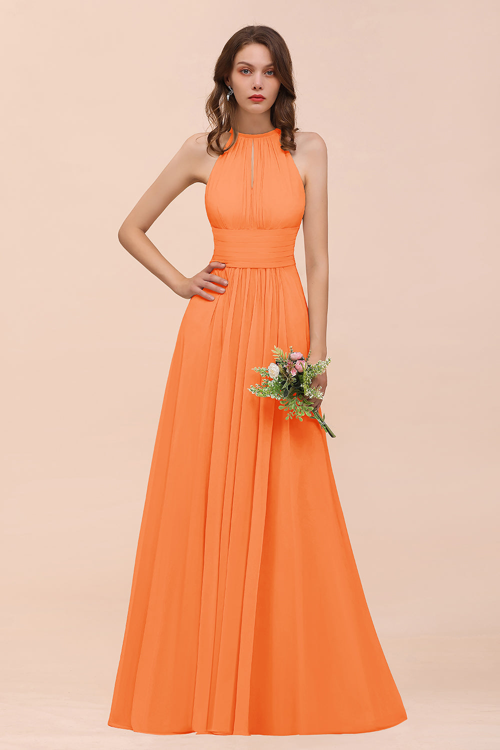 Elegant Chiffon Jewel Ruffle Champagne Affordable Bridesmaid Dress Online-Babyonlines