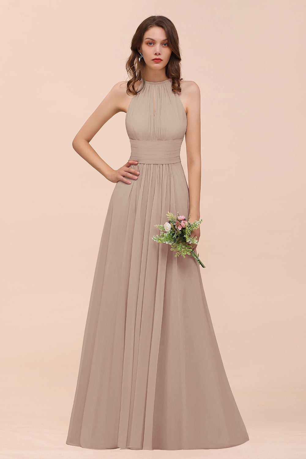 Elegant Chiffon Jewel Ruffle Champagne Affordable Bridesmaid Dress Online-Babyonlines