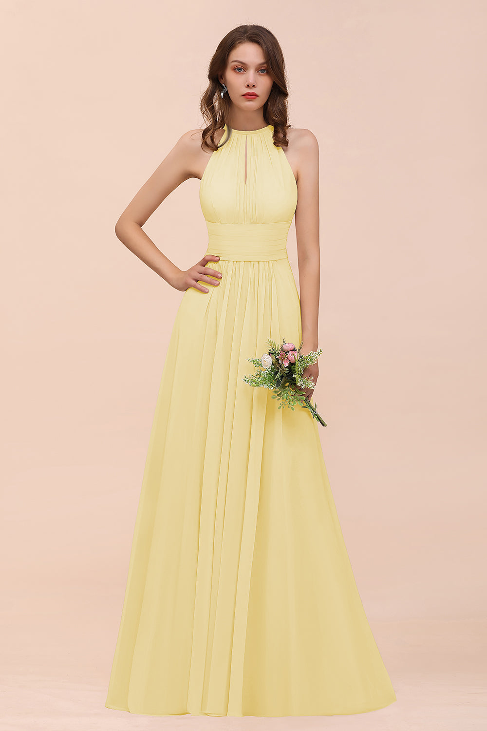 Elegant Chiffon Jewel Ruffle Champagne Affordable Bridesmaid Dress Online-Babyonlines