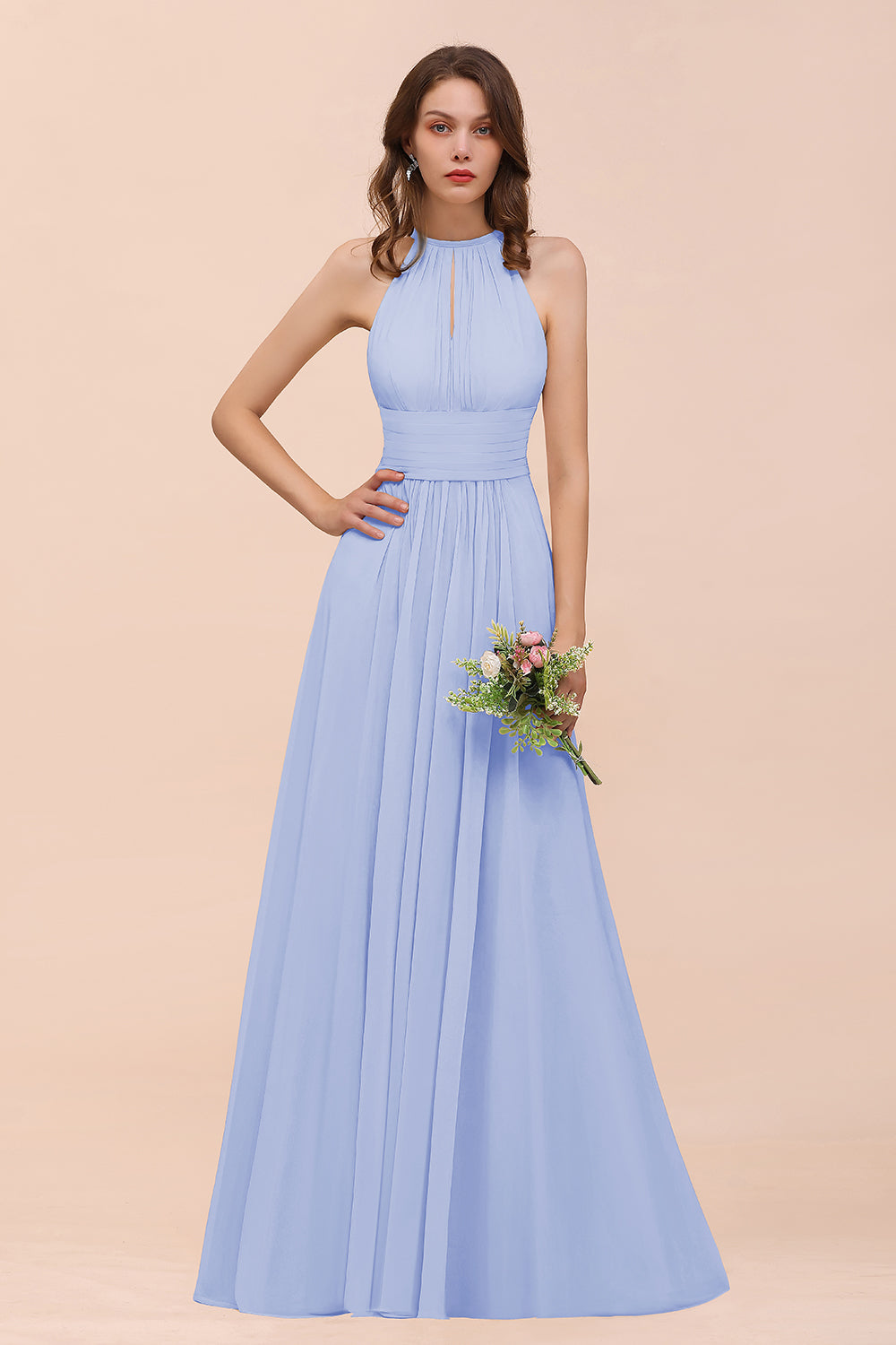 Elegant Chiffon Jewel Ruffle Champagne Affordable Bridesmaid Dress Online-Babyonlines