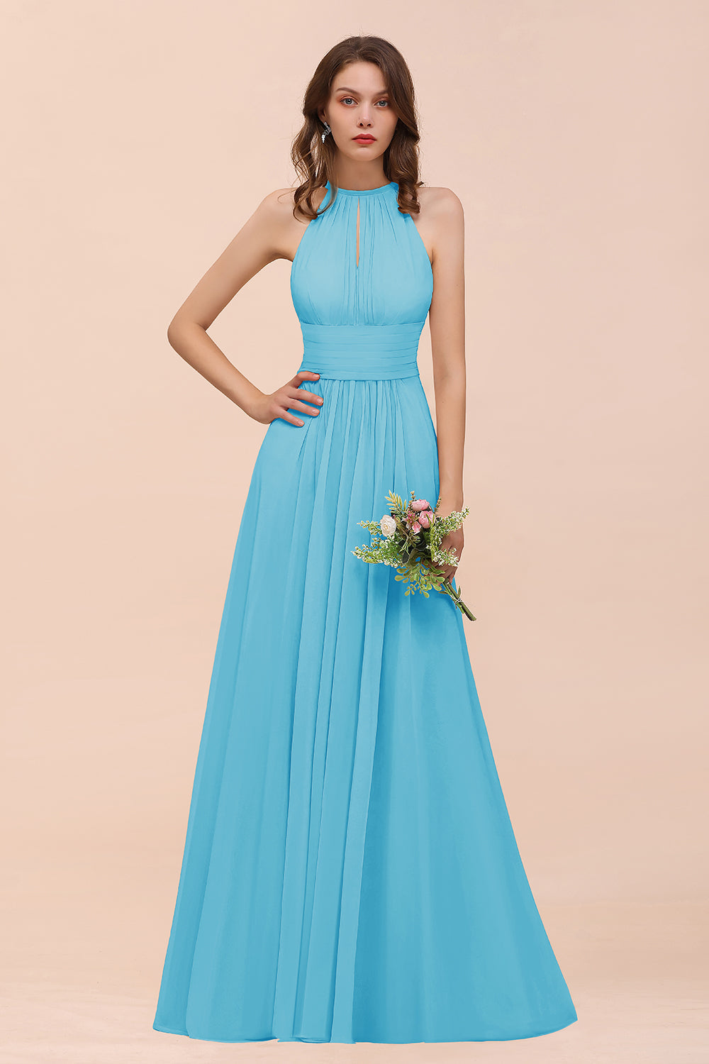 Elegant Chiffon Jewel Ruffle Champagne Affordable Bridesmaid Dress Online-Babyonlines