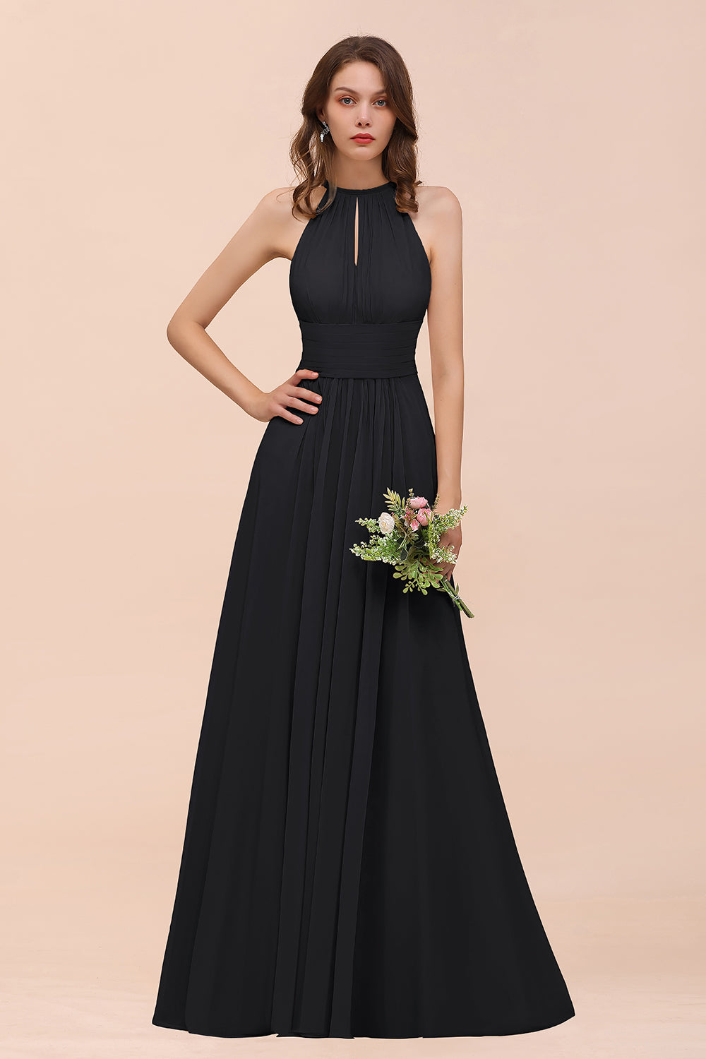 Elegant Chiffon Jewel Ruffle Champagne Affordable Bridesmaid Dress Online-Babyonlines