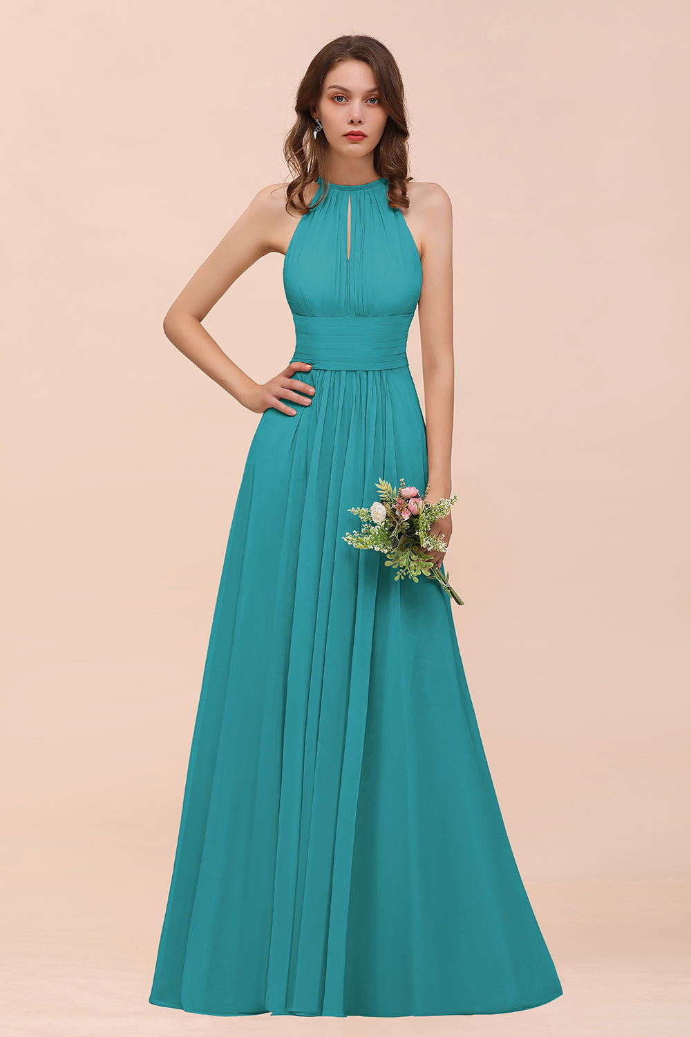 Elegant Chiffon Jewel Ruffle Champagne Affordable Bridesmaid Dress Online-Babyonlines