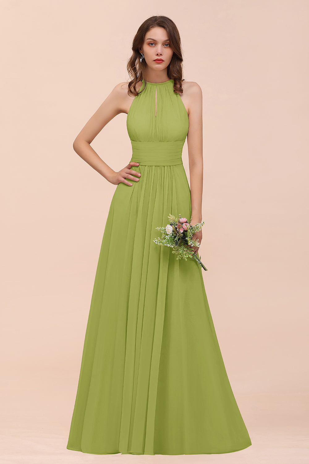 Elegant Chiffon Jewel Ruffle Champagne Affordable Bridesmaid Dress Online-Babyonlines