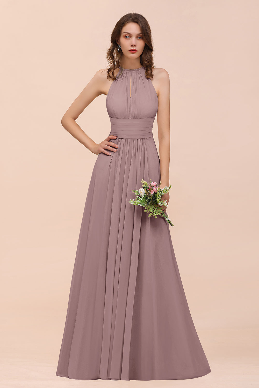 Elegant Chiffon Jewel Ruffle Champagne Affordable Bridesmaid Dress Online-Babyonlines