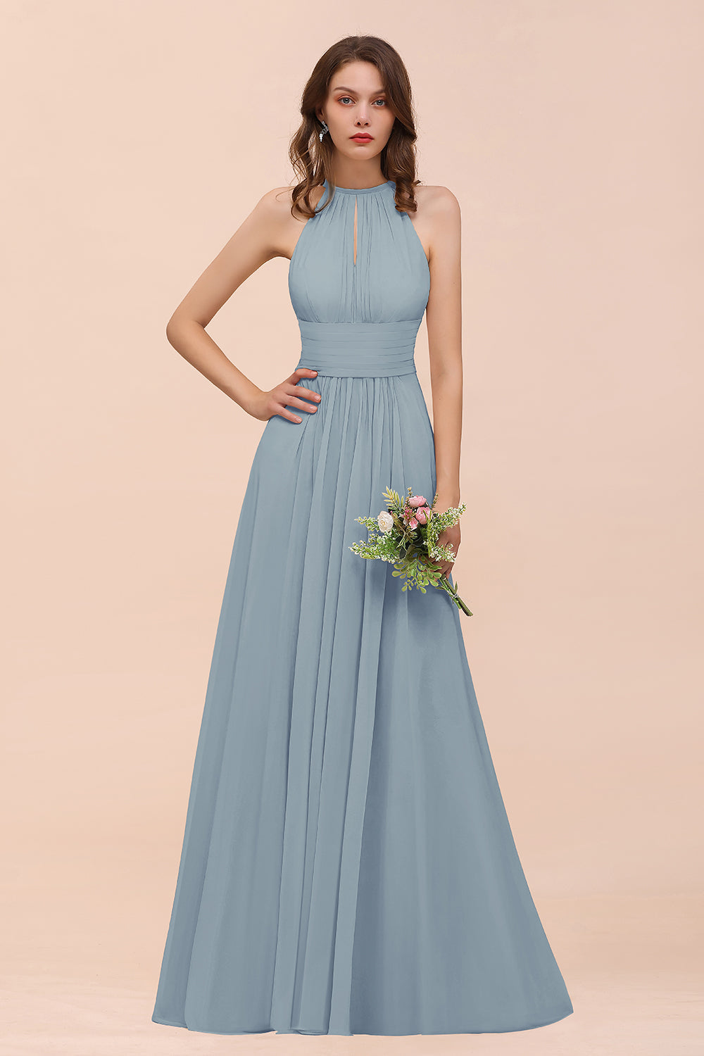 Elegant Chiffon Jewel Ruffle Champagne Affordable Bridesmaid Dress Online-Babyonlines