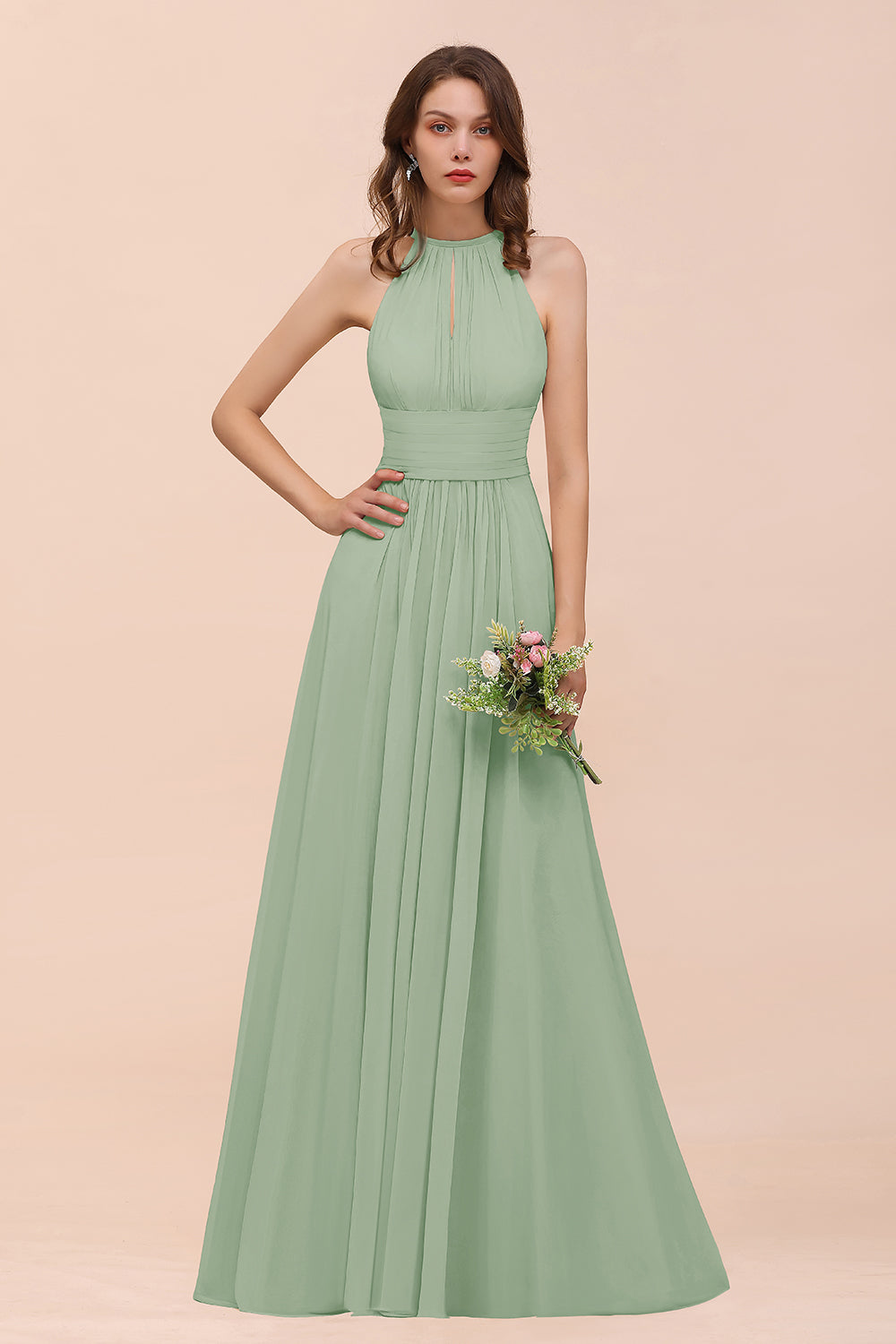 Elegant Chiffon Jewel Ruffle Champagne Affordable Bridesmaid Dress Online-Babyonlines