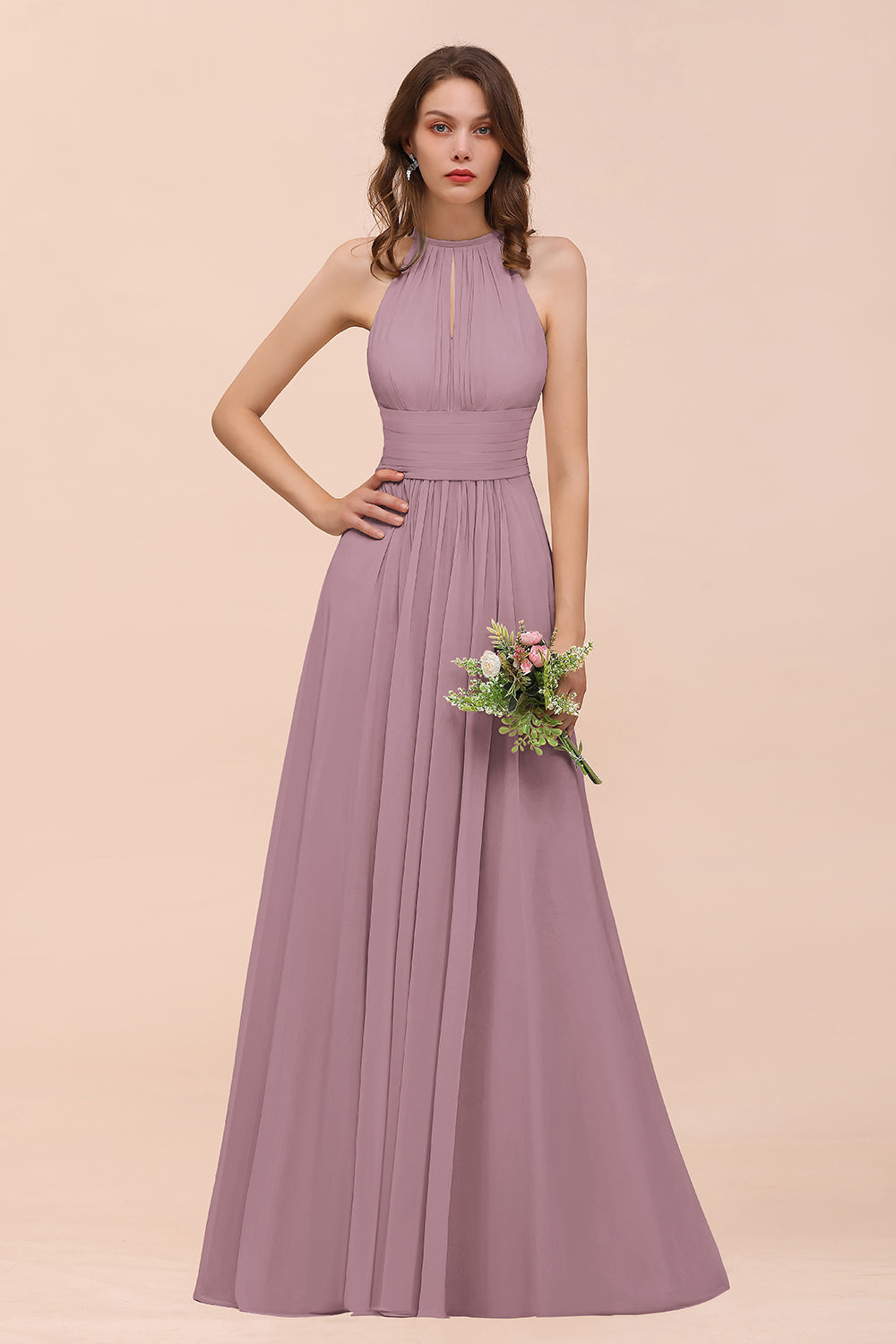 Elegant Chiffon Jewel Ruffle Champagne Affordable Bridesmaid Dress Online-Babyonlines