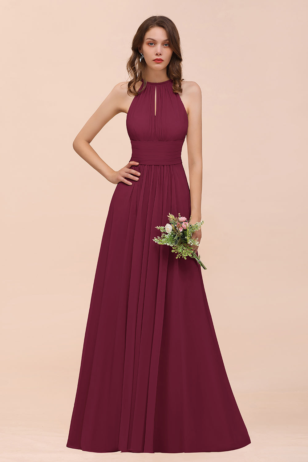 Elegant Chiffon Jewel Ruffle Champagne Affordable Bridesmaid Dress Online-Babyonlines